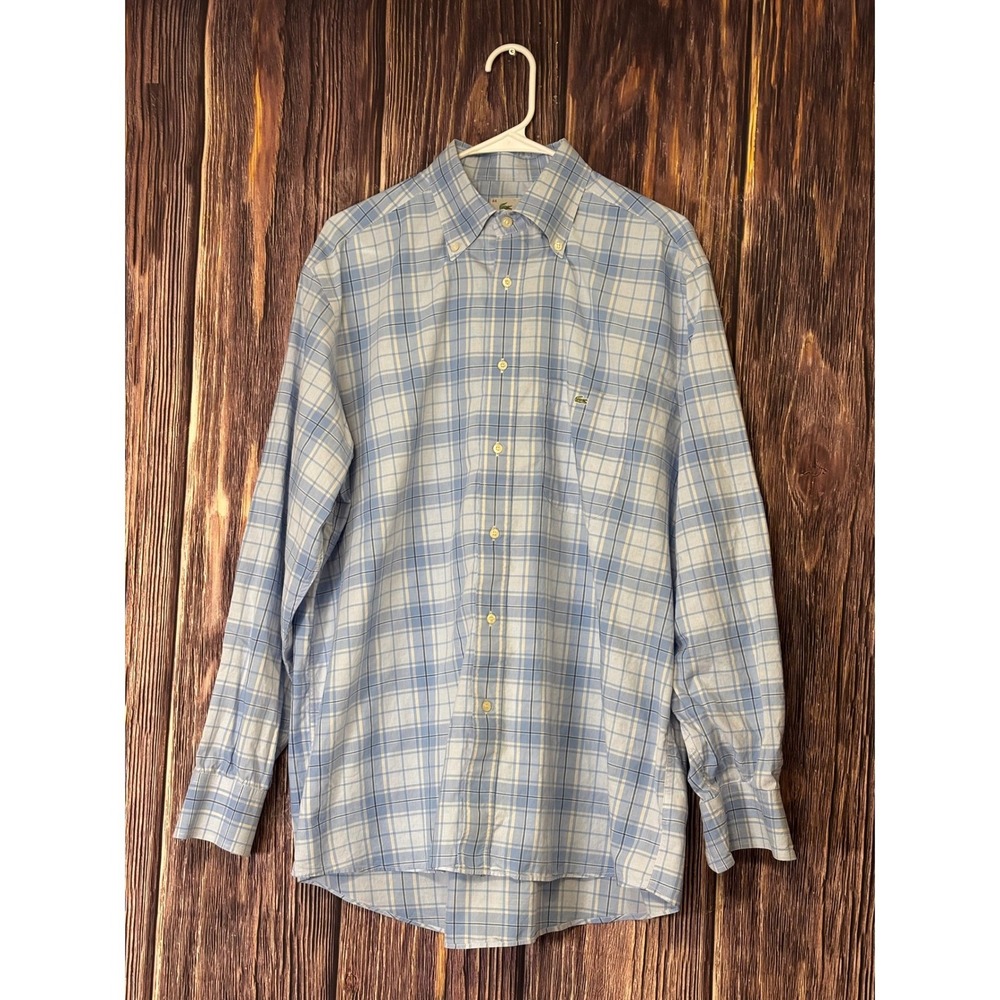 Lacoste Button Down Shirt Mens Size 44 Blue White Plaid Long Sleeve Casual